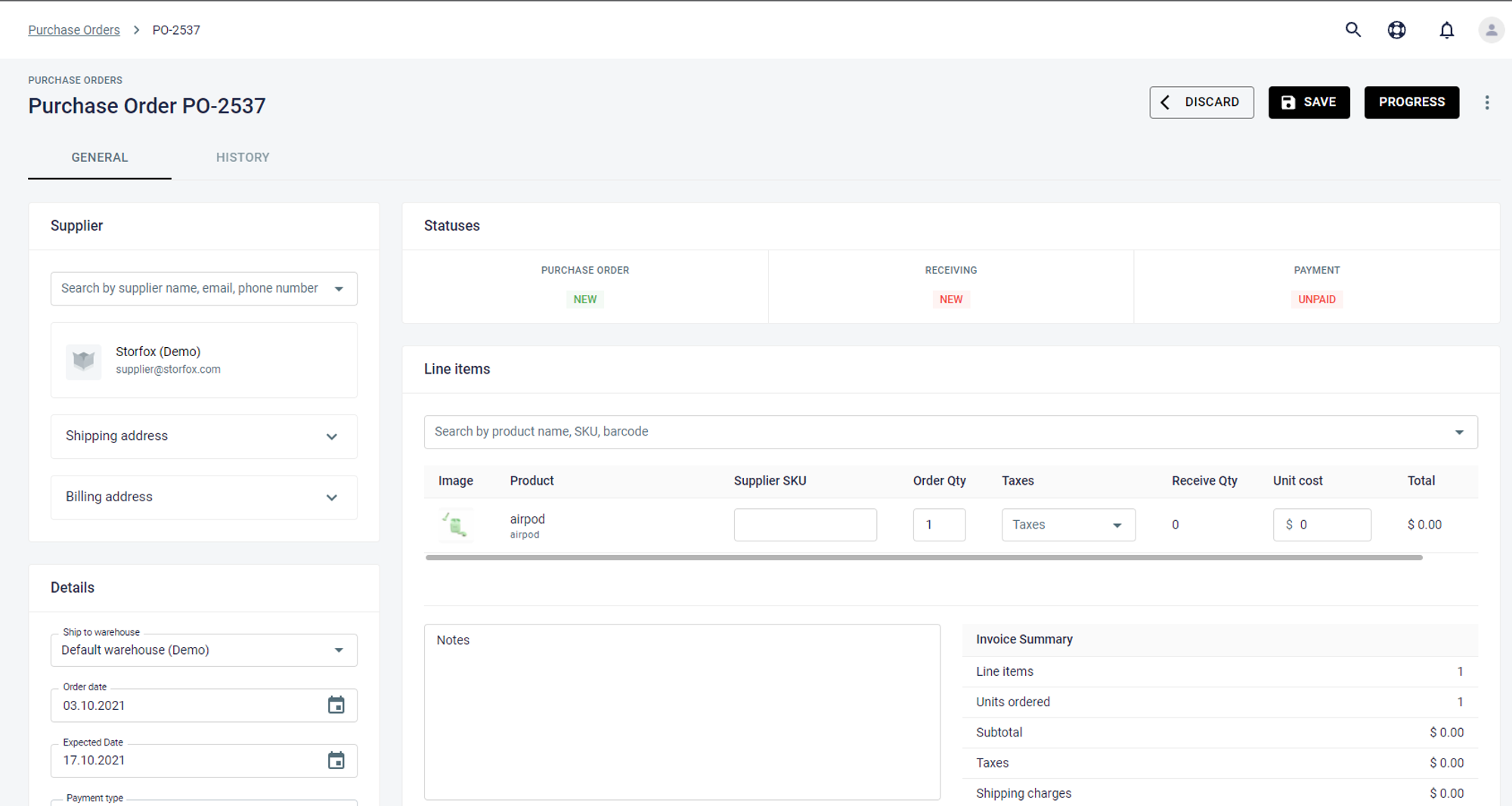 Creating PO manually - Storfox
